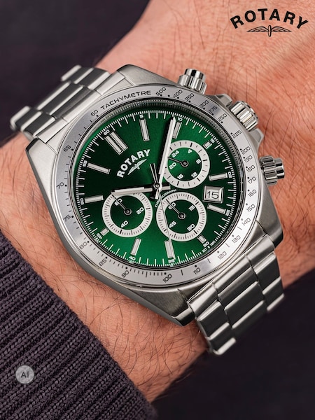 Silver - Regular Rotary Chronograph Green Dial Stainless Steel Bracelet Watch
