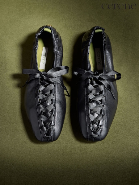 Black Leather - Cerene Arlo Lace Up Ballet Flats
