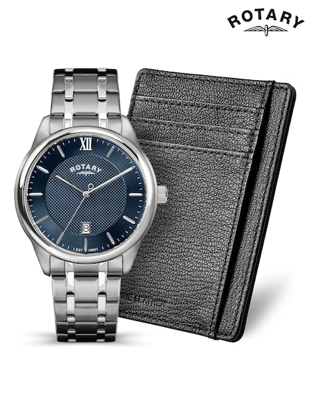 Silver - Regular Rotary Blue Dial Stainless Steel Bracelet Watch With Card Holder