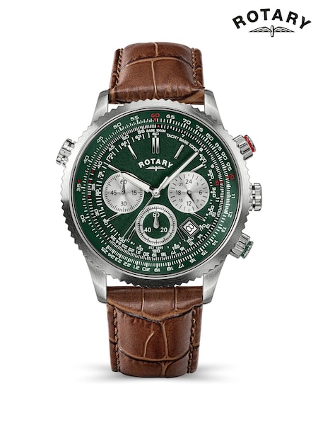 Brown - Regular Rotary Pilot Chronograph Green Dial Stainless Steel Leather Strap Watch