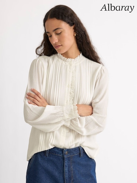 Cream - Albaray Lace Edge High Neck Blouse