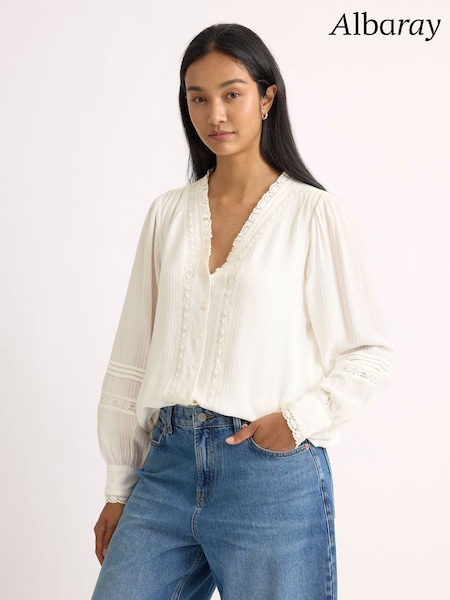 Cream - Albaray Lace Trim V Neck Blouse