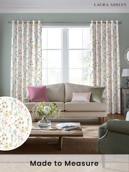 Laura Ashley Coral Pink Wild Meadow Made to Measure 100% Cotton Curtains (342312) | £100