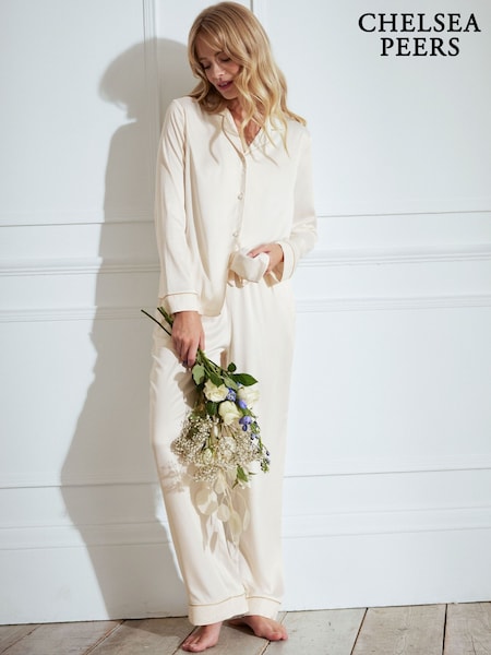 Chelsea Peers Cream Satin Bridal Lace Trim Long Pyjama Set (342978) | £55