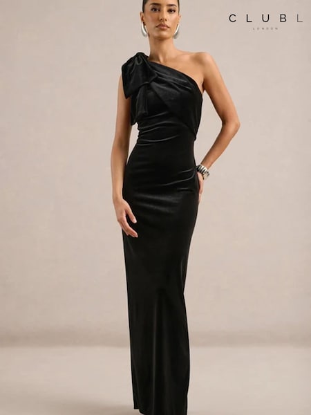 Black - Club L London Zephira Velvet Asymmetric-neck Maxi Dress With Bow Detail