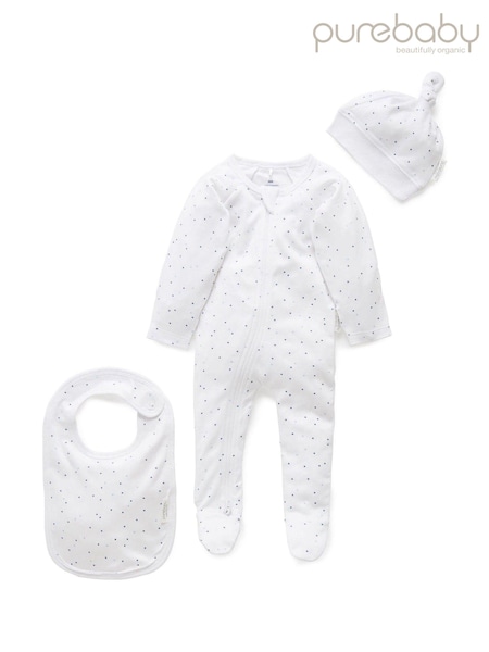 Purebaby Blue Baby 100% Cotton Hat Bib & Sleepsuit Set 3 Piece (345598) | £25