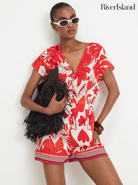 Red - River Island All Over Print Playsuit