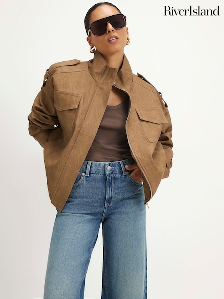 Brown - River Island Faux Leather Funnel Neck Jacket