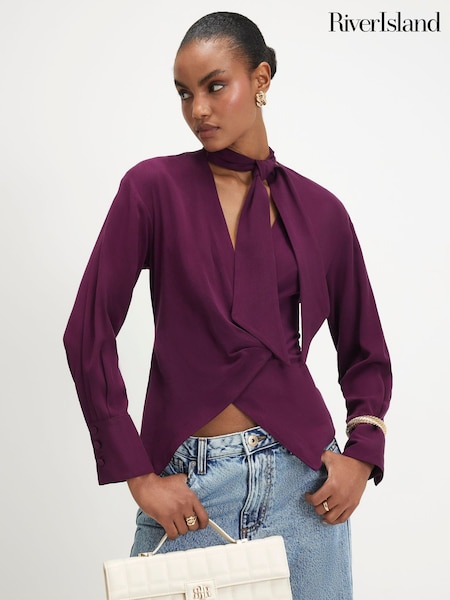 Purple - River Island Long Sleeve Wrap Scarf Detail Shirt