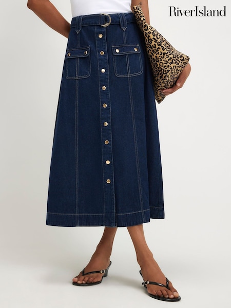 Blue - River Island Belted Pocket Midi Skirt