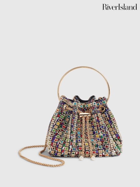 Gold - River Island Multi Gem Bucket Clutch Bag