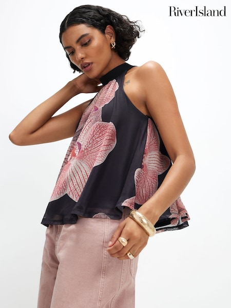 Black - River Island Halter Floral Print Top