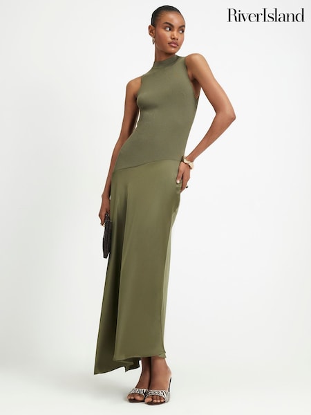 Green - River Island Hybrid Satin Knit Dress With Asymmetrical Hem