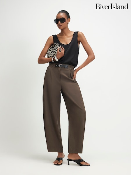 Brown - River Island Belt Trim Leg Barrel Trousers