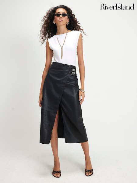 Black - River Island Buckle Detail Wrap Midi Skirt