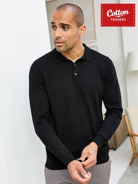 Black - Regular Cotton Traders Luxury Merino Long Sleeve Polo Shirt