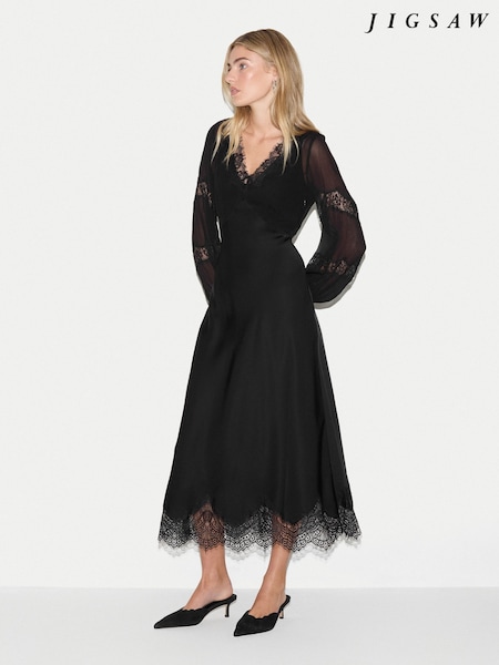 Black - Jigsaw Satin Bias Lace Trim Dress