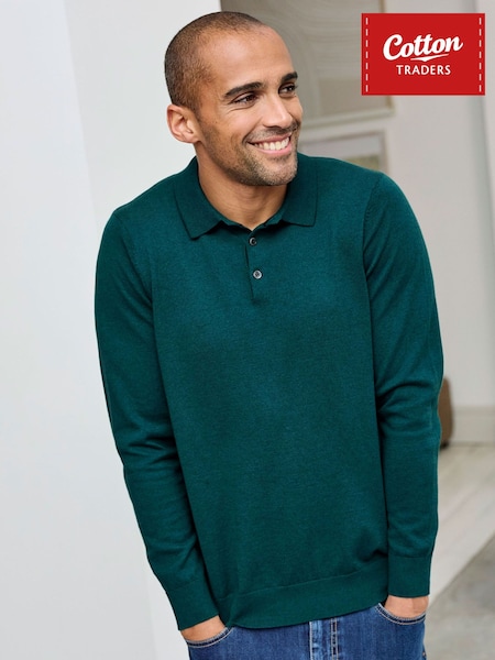 Green - Regular Cotton Traders Luxury Merino Long Sleeve Polo Shirt
