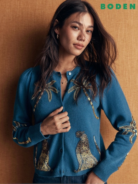 Blue - Boden Ria Embellished Knit Cardigan