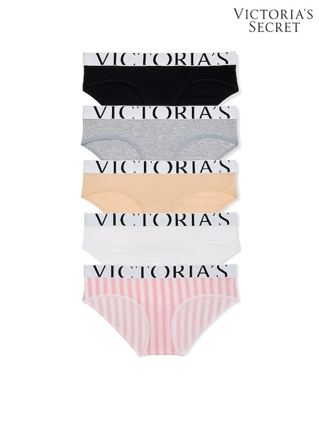 Black/Grey/Nude/White/Pink - Victoria's Secret 5 Pack Exploded Logo Cotton Knickers