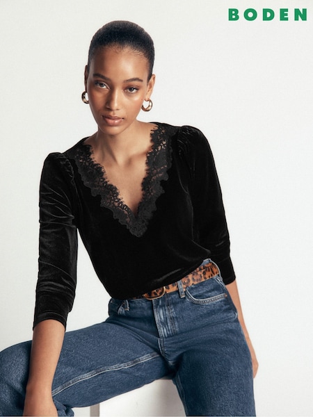 Black - Boden Lace Trim V-neck Velvet Top
