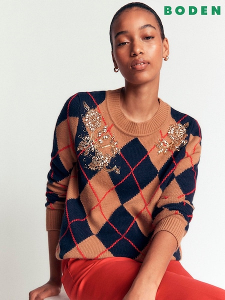 Brown - Boden Embellished Jacquard Jumper