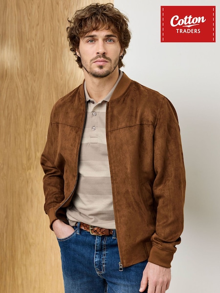 Brown - Regular Cotton Traders Signature Faux Suede Bomber Jacket