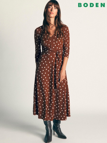Brown - Boden Tie Waist Ponte Dress