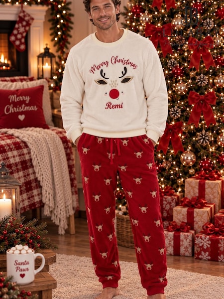 Red - Regular Personalised Christmas Reindeer Fleece Pyjamas By Lulabay