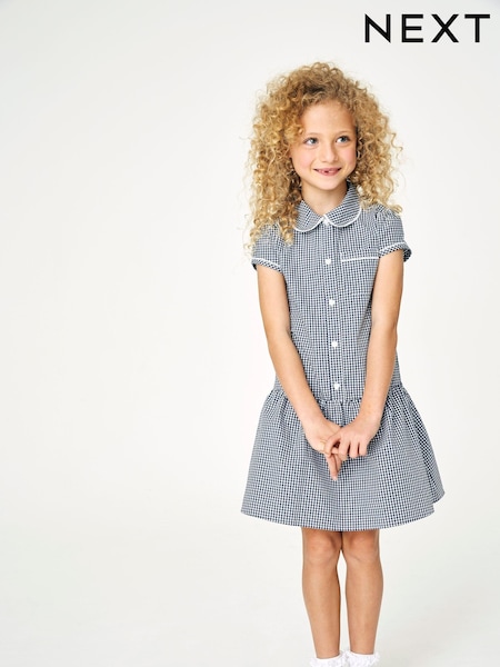 Navy Cotton Rich Drop Waist Gingham School Dress (3-14yrs) (356154) | £7.50 - £10.50