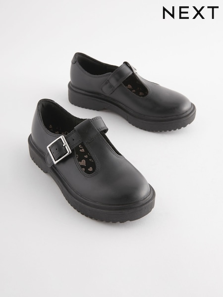 Matt Black Leather T-Bar Chunky School Shoes (357765) | £32 - £39