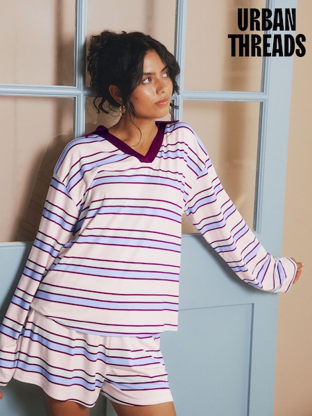 Pink - Urban Threads Pink Stripe Rugby Long Pyjamas Set