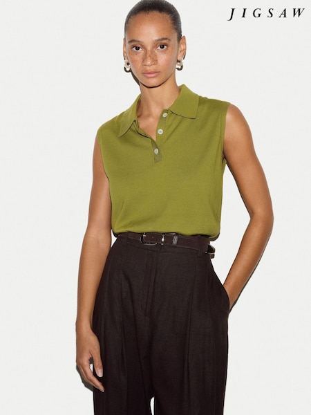 Green - Jigsaw Cotton Sleeveless Polo Shirt