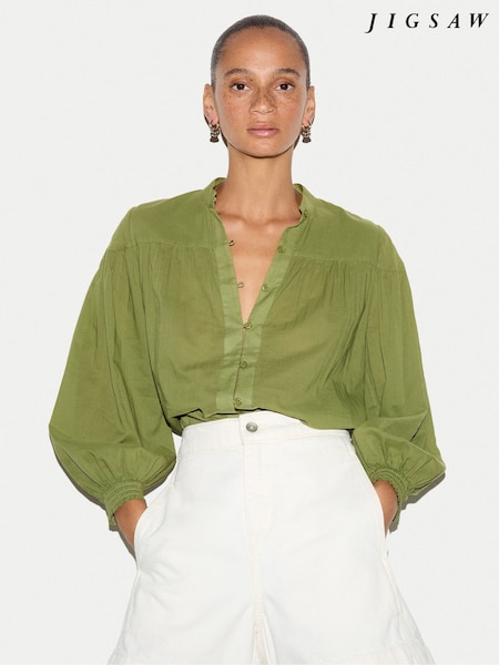 Green - Jigsaw Cotton Balloon Sleeve Top