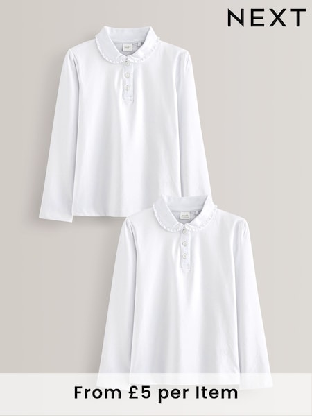 White Cotton stretch Long Sleeve Frill Collar School Polo Tops 2 Pack (3-14yrs) (364877) | £10 - £19