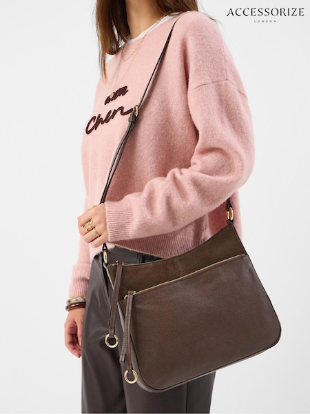Brown - Accessorize Leather Messenger Cross-body Bag