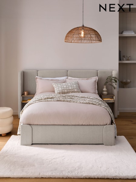Contemporary Blend Light Natural Wynn Upholstered Ottoman Storage Hotel Bed Frame With Bedside Tables and Lights (371008) | £999 - £1,199