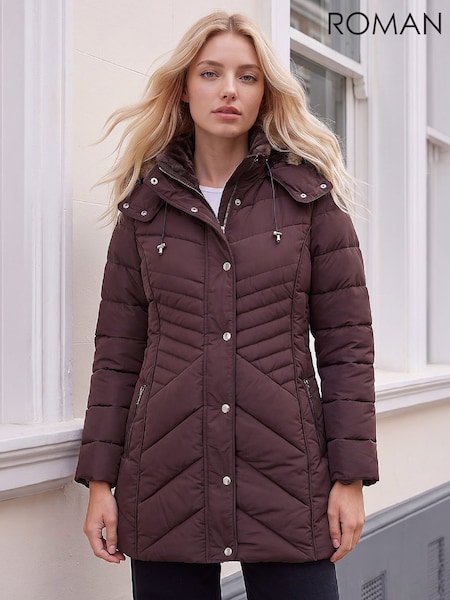 Brown - Roman Petite Hooded Longline Quilted Coat