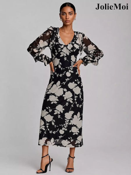Black - Jolie Moi V-neck Long Sleeve Mesh Midaxi Dress