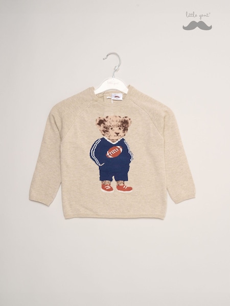 Cream - Little Gent True Knit Jumper With Jacquard American Football Bear