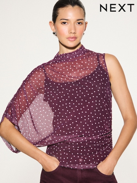 Wine/Pink Spot - Short Sleeved Asymmetrical Mesh Top