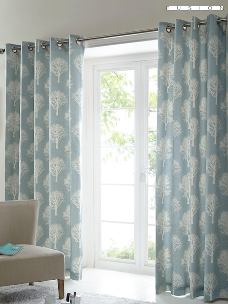Fusion Duck Egg Blue 100% Cotton Woodland Trees Eyelet Curtains (384309) | £30 - £60
