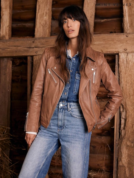 Mint Velvet Tan Brown Zip Leather Biker Jacket (387081) | £299