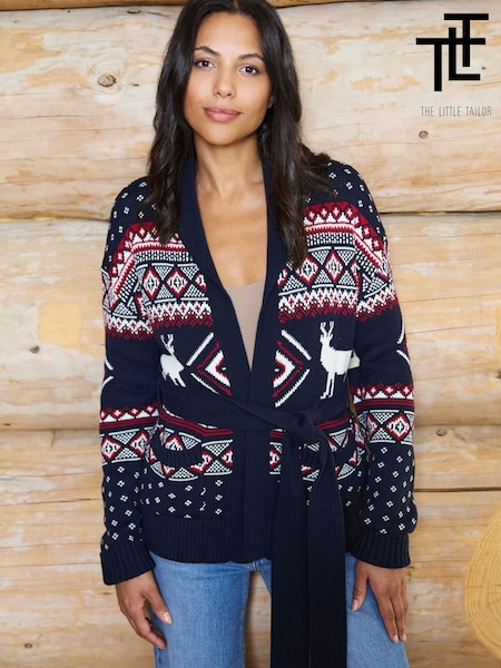Blue - The Little Tailor Premium Cotton Shawl Neck Chunky Fairisle Christmas Cardigan