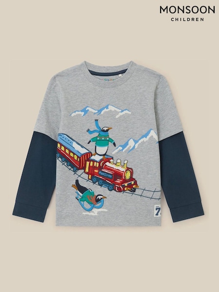 Grey - Monsoon Penguin Embroidered Christmas Long Sleeve Top