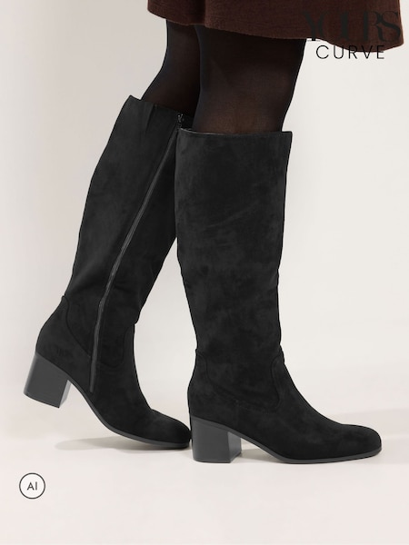 Black - Yours Curve Stacked Heel Faux Suede Boots