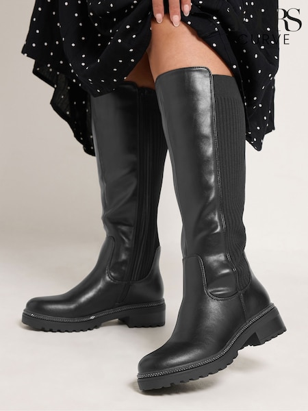 Black - Yours Curve Ribbed Knit Panel Knee High Boots In Wide