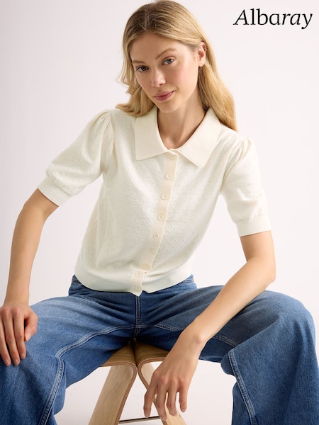 Cream - Albaray Short Sleeve Pointelle Button Top