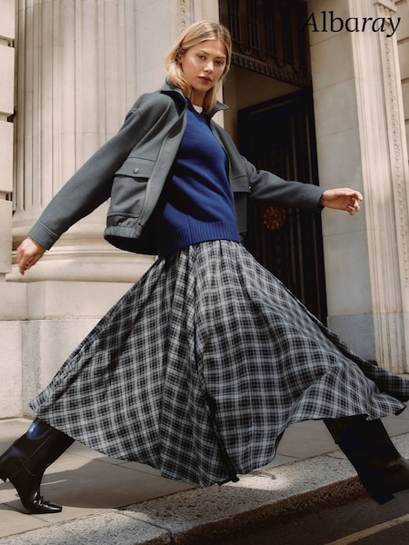 Grey - Albaray Plaid Check Full Skirt