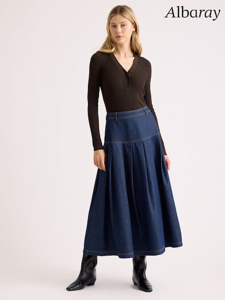 Blue - Albaray Denim Drop Waist Pleat Skirt